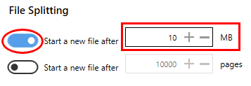 Enter maximum file size before starting a new file.