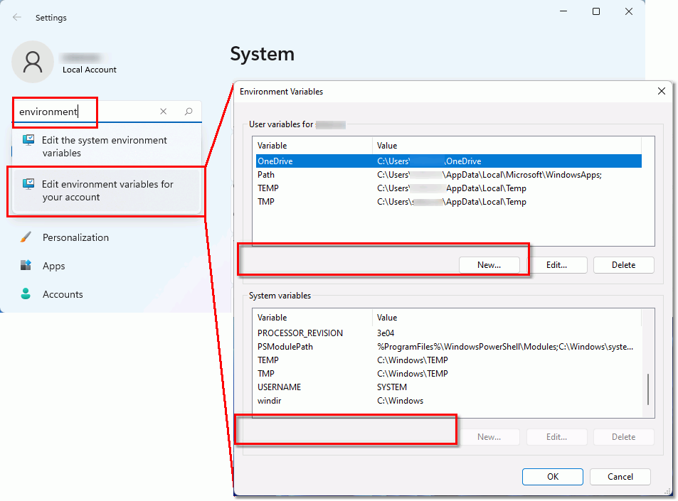 Go to System Settings to find or edit TEMP and TMP environment variables.