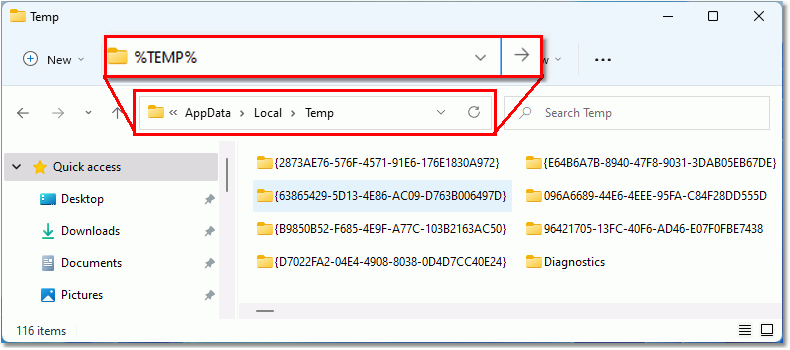Use the TEMP environment variable to quickly find the Windows temp folder