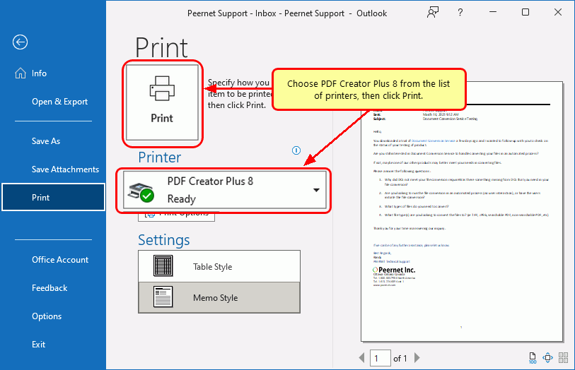 Select PDF Creator Plus 8 from the list of printers then click the Print button to convert PowerPoint to PDF.