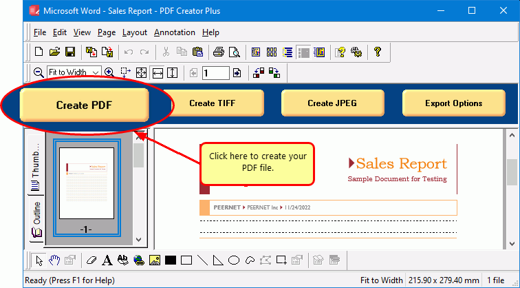 Click the Create PDF button to set options and save DOC as PDF.