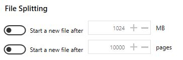 File Splitting settings on Save Options tab