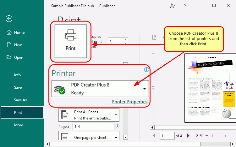 Select PDF Creator Plus 8.0 from the list of printers and then click the Print button to convert PUB to PDF.
