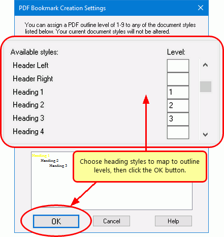 Use the PDF Bookmark Creation Settings to choose outline information and hyperlinks for your PDF.