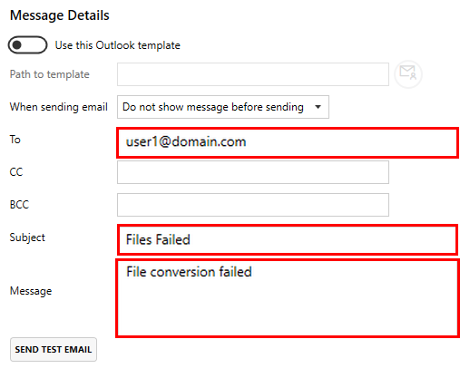 Send Email Failure Message Details