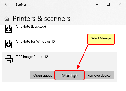 Manage button in Printers & scanners