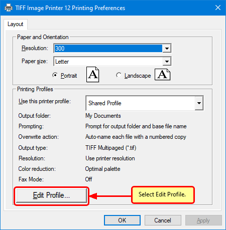 Printers Preferences Edit Profile button