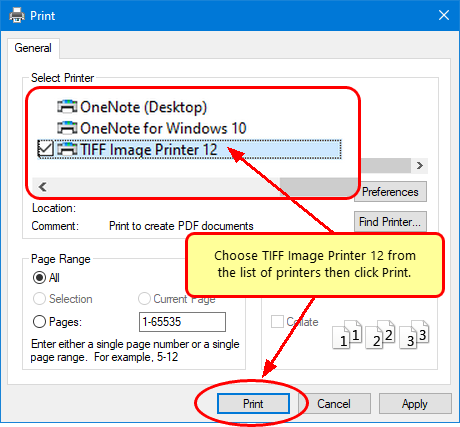 Select TIFF Image Printer 12 from the list of printers then click the Print button.