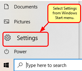 Windows Settings in Start menu