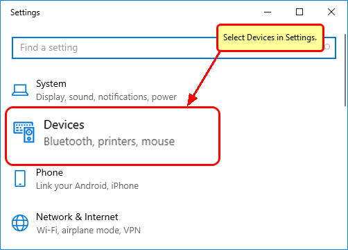 Devices in Settings window 