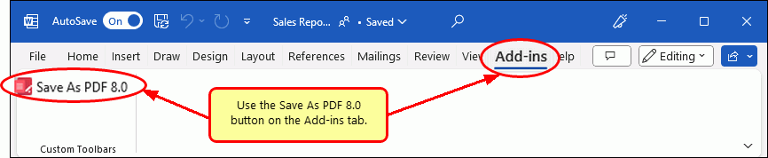 Convert DOCX to PDF and DOC to PDF using Save As PDF 8.0 on the Add-Ins tab on the ribbon interface in Word.